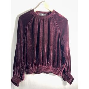 7 For All Mankind Burgundy Velvet Smocked Hem Long Sleeve Top Small